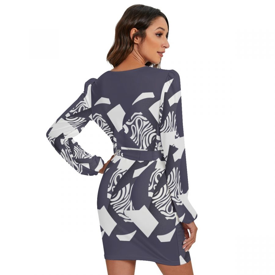All-Over Print Women's Long Sleeve Dress With Waist Belt - Image 4