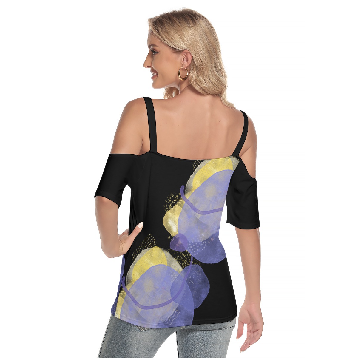 All-Over Print Women's Cold Shoulder T-shirt With Criss Cross Strips - Image 4