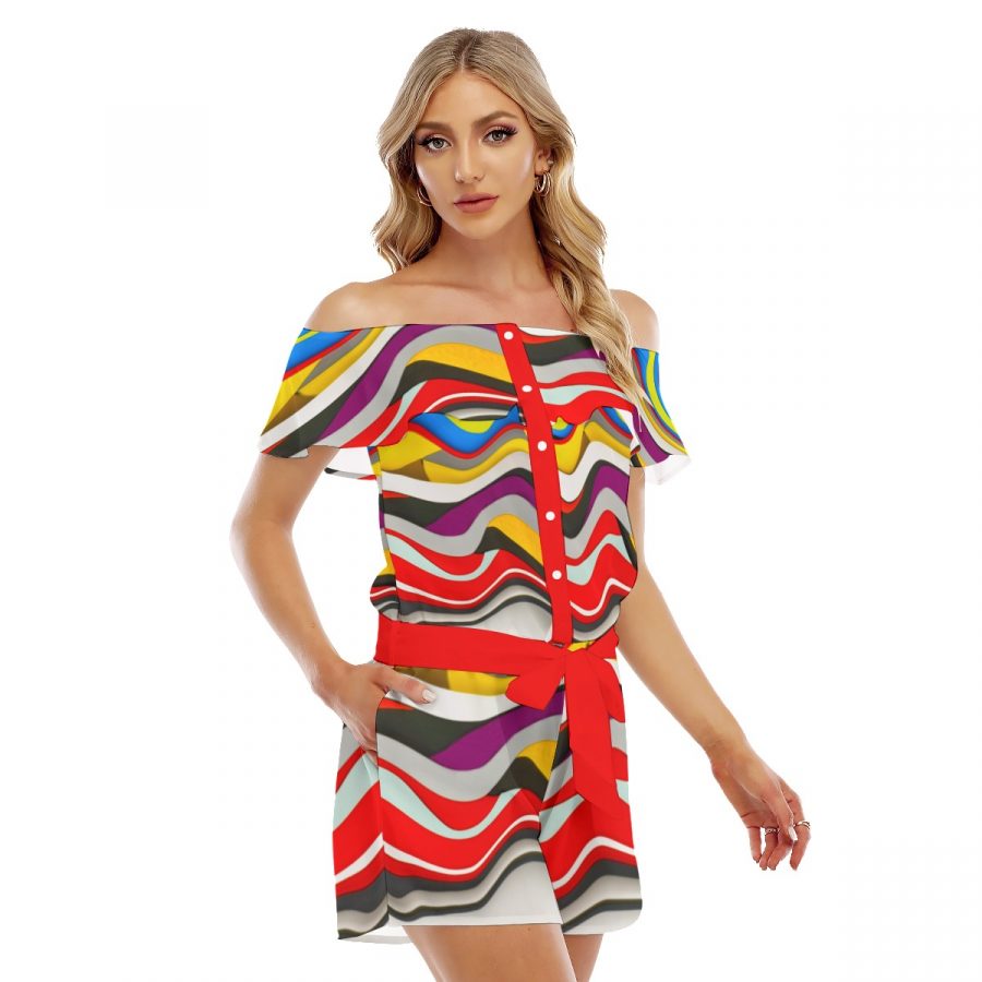 All-Over Print Women's Off-shoulder Ruffled Romper - Image 2