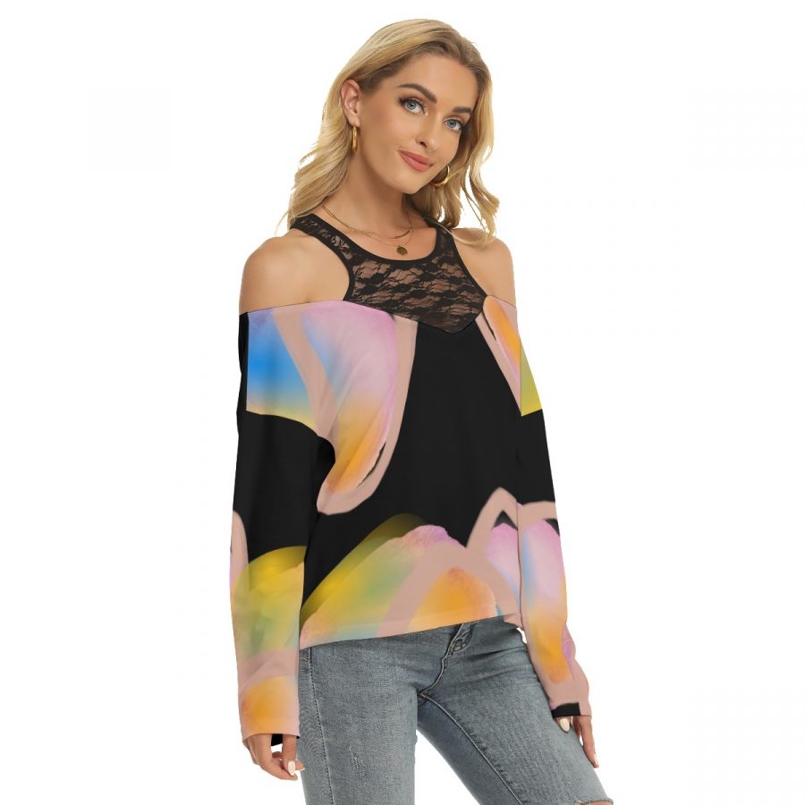 All-Over Print Women's Lace Mesh Collar Cold Shoulder Long Sleeves Blouse - Image 3