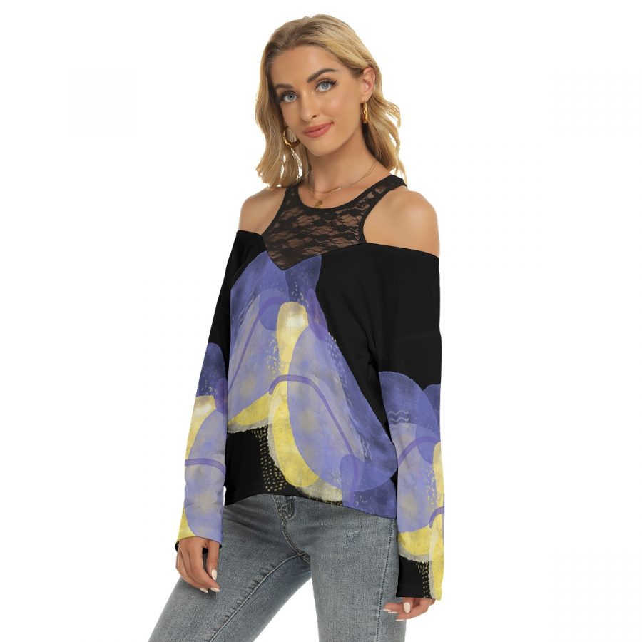All-Over Print Women's Lace Mesh Collar Cold Shoulder Long Sleeves Blouse - Image 2