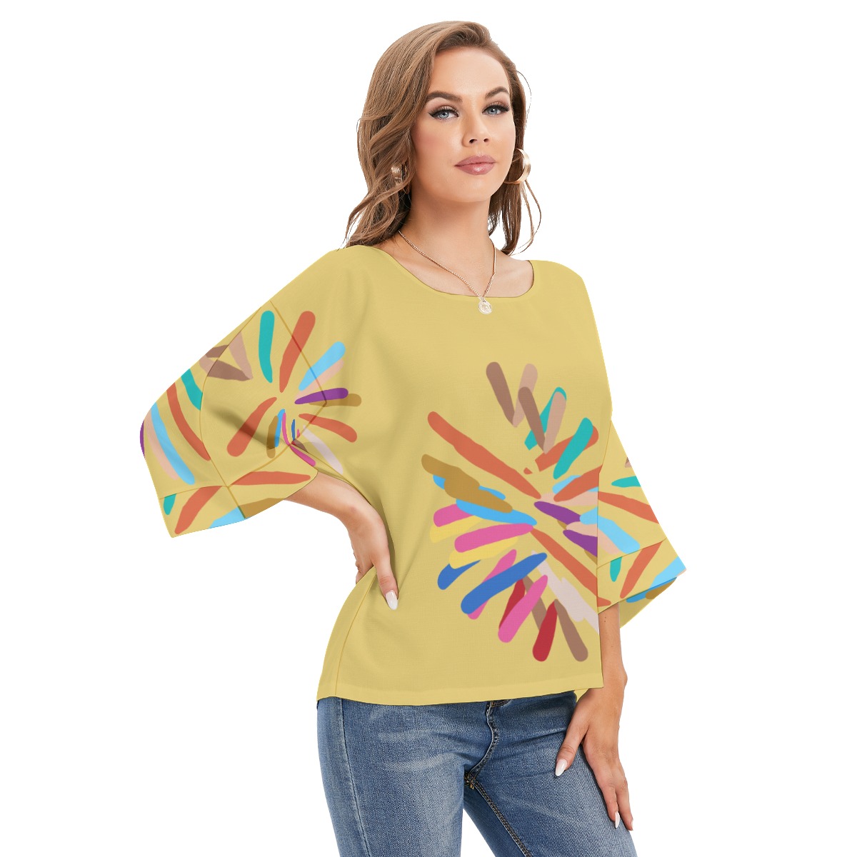 All-Over Print Women's Blouse With Turn-over sleeves - Image 2