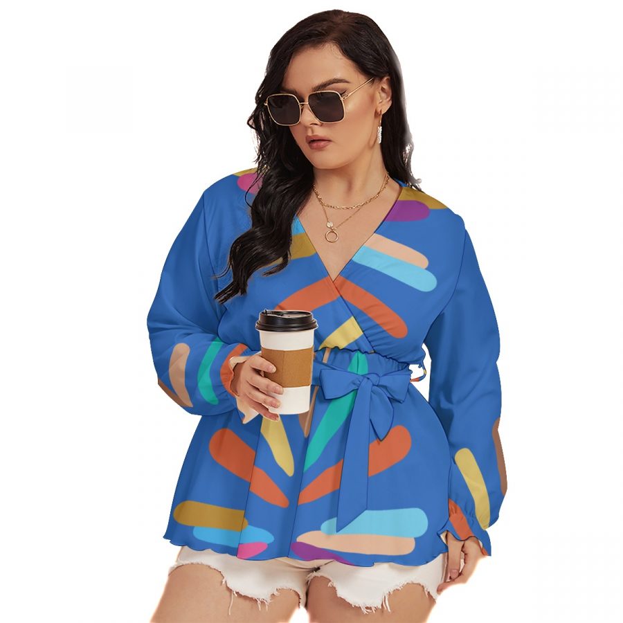 All-Over Print Women's V-neck T-shirt With Waistband (Plus Size)