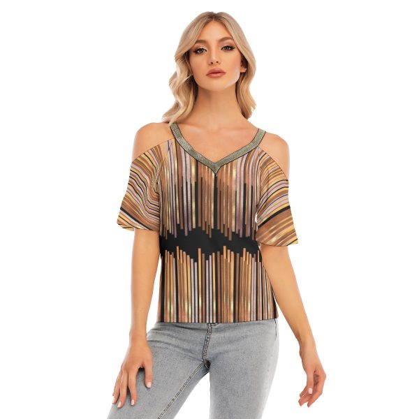 All-Over Print Women's Cold Shoulder T-shirt With Golden Elastic Band On Neck