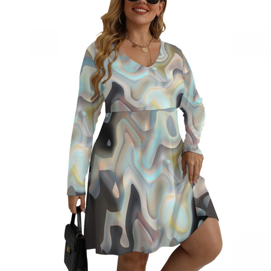All-Over Print Women's V-neck Long Sleeve Dress(Plus Size)