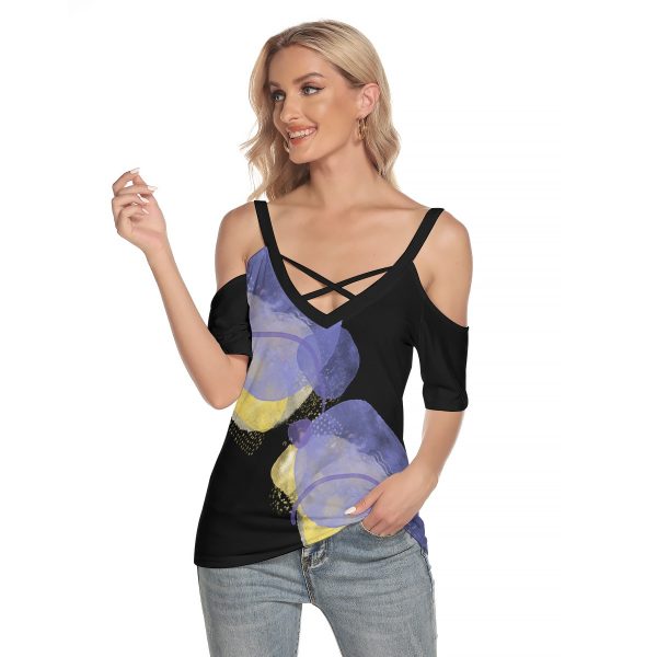 All-Over Print Women's Cold Shoulder T-shirt With Criss Cross Strips