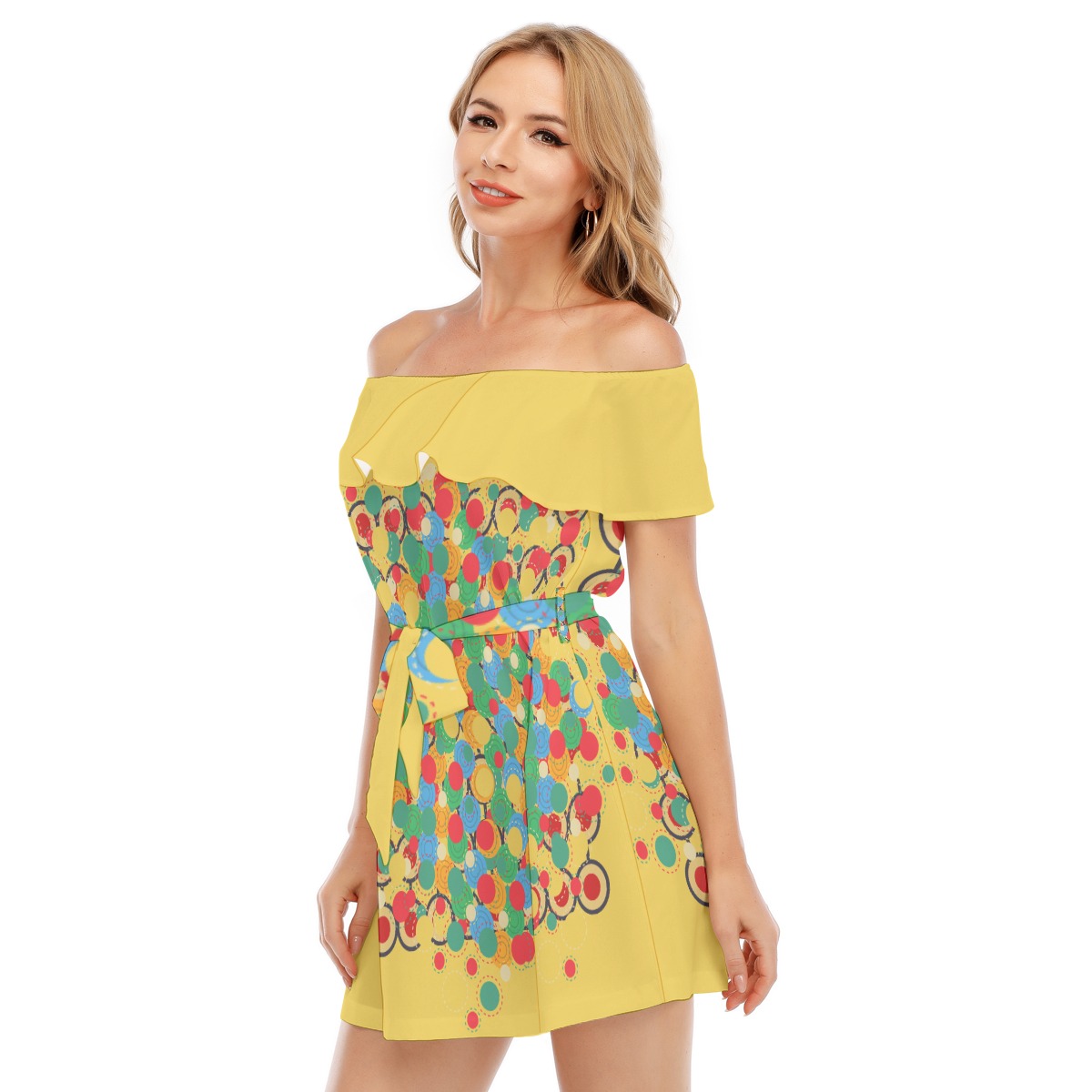 All-Over Print Women's Off-shoulder Dress With Ruffle - Image 3