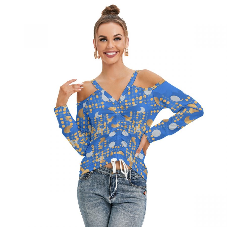 All-Over Print Women’s V-neck Cold Shoulder Blouse With Long Sleeve