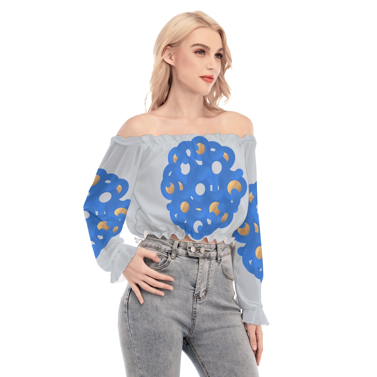 All-Over Print Women's Off-shoulder Blouse With Mesh Sleeves - Image 2