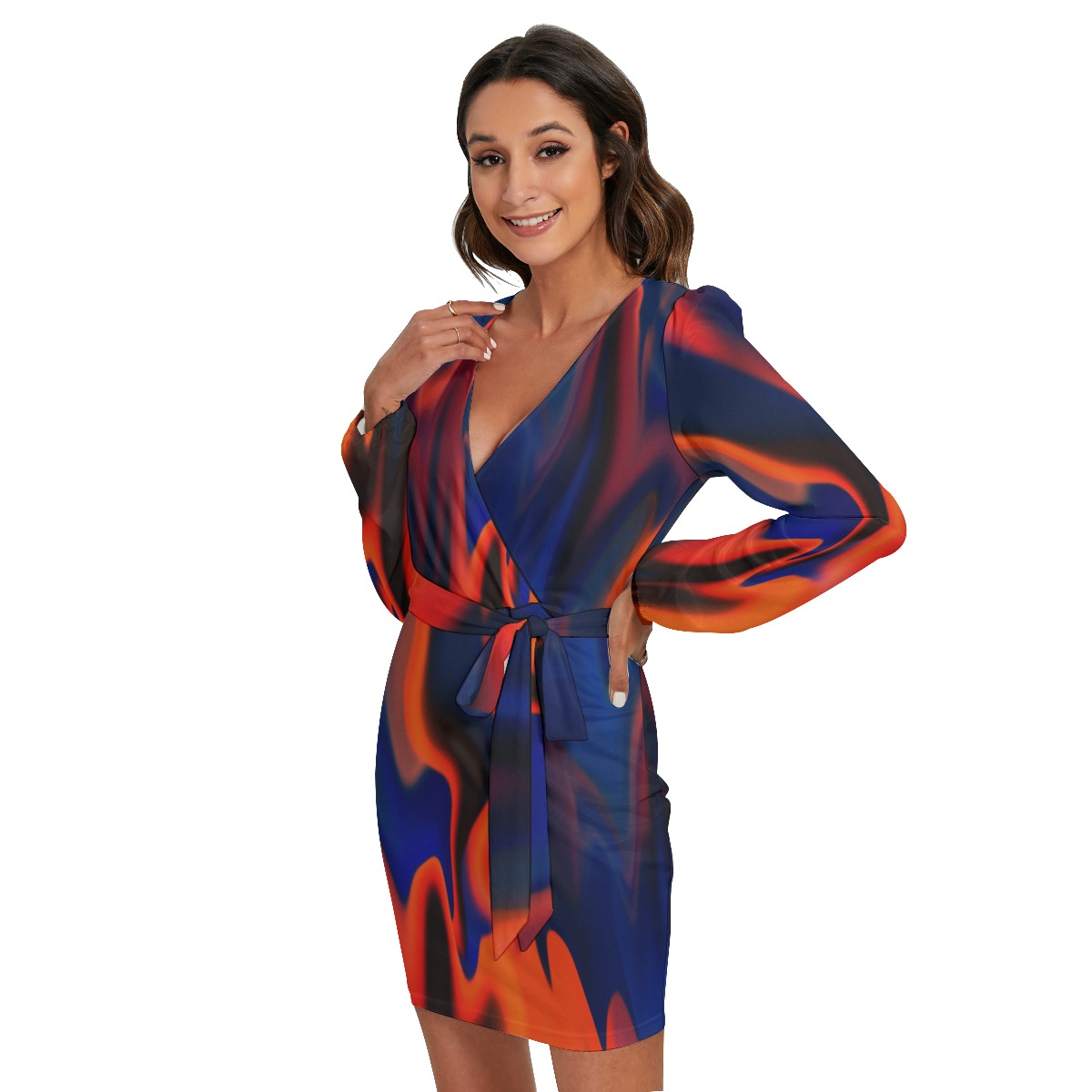 All-Over Print Women's Long Sleeve Dress With Waist Belt - Image 3