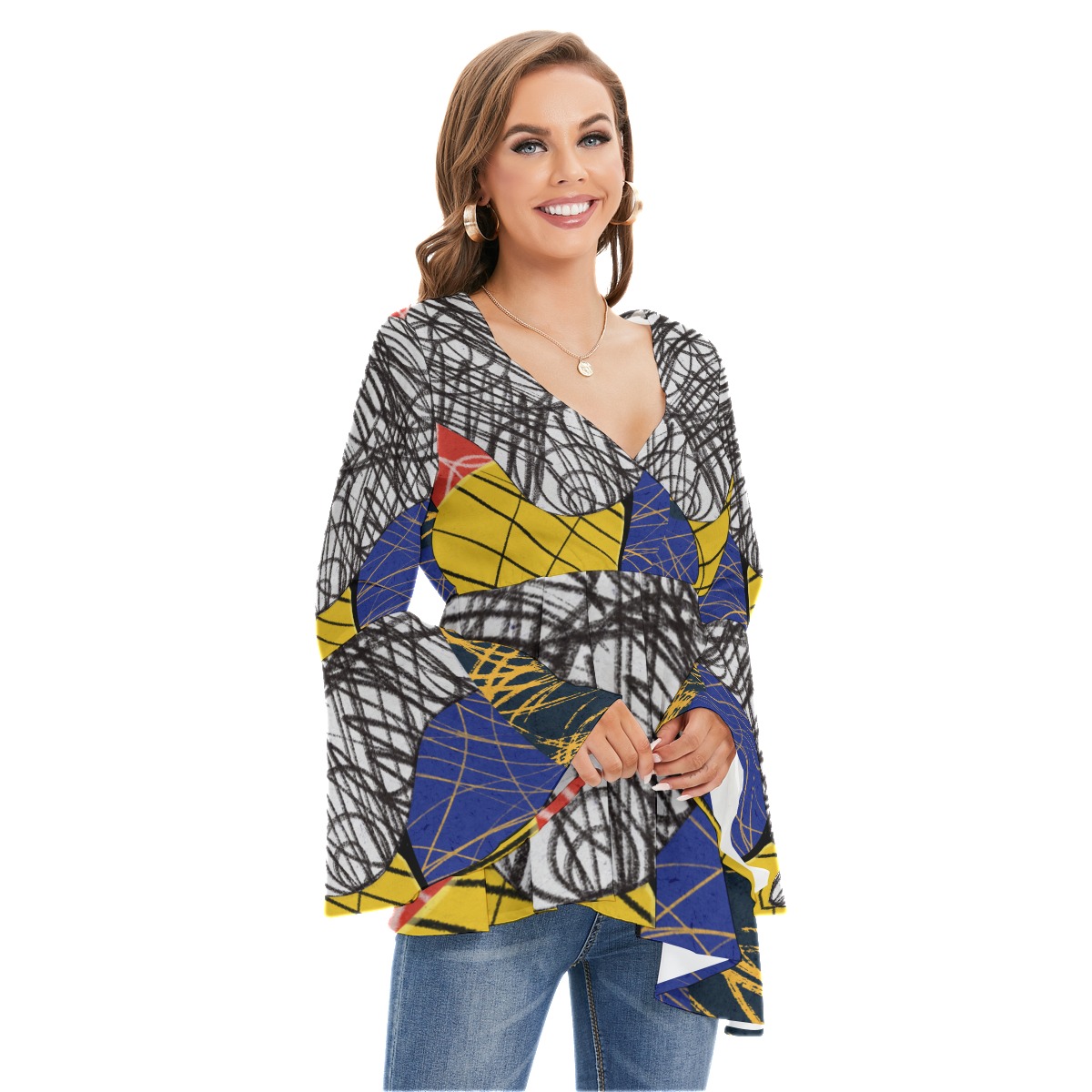 All-Over Print Women's V-neck Blouse With Flared Sleeves - Image 2
