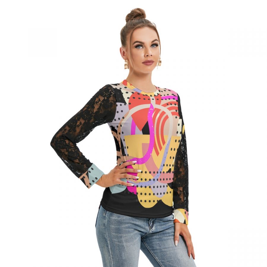 All-Over Print Women's T-shirt And Sleeve With Black Lace - Image 3