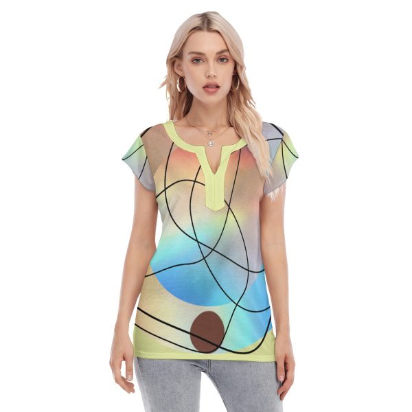 All-Over Print Women's Collarless Deep V-neck Short Sleeves Blouse