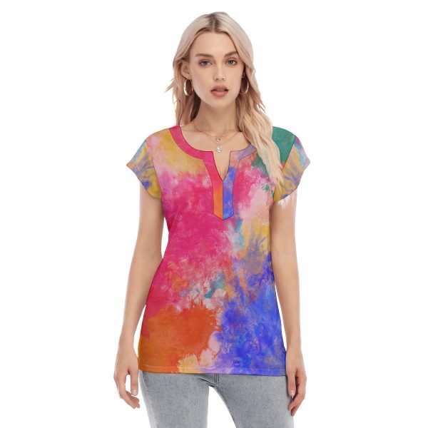 All-Over Print Women's Collarless Deep V-neck Short Sleeves Blouse