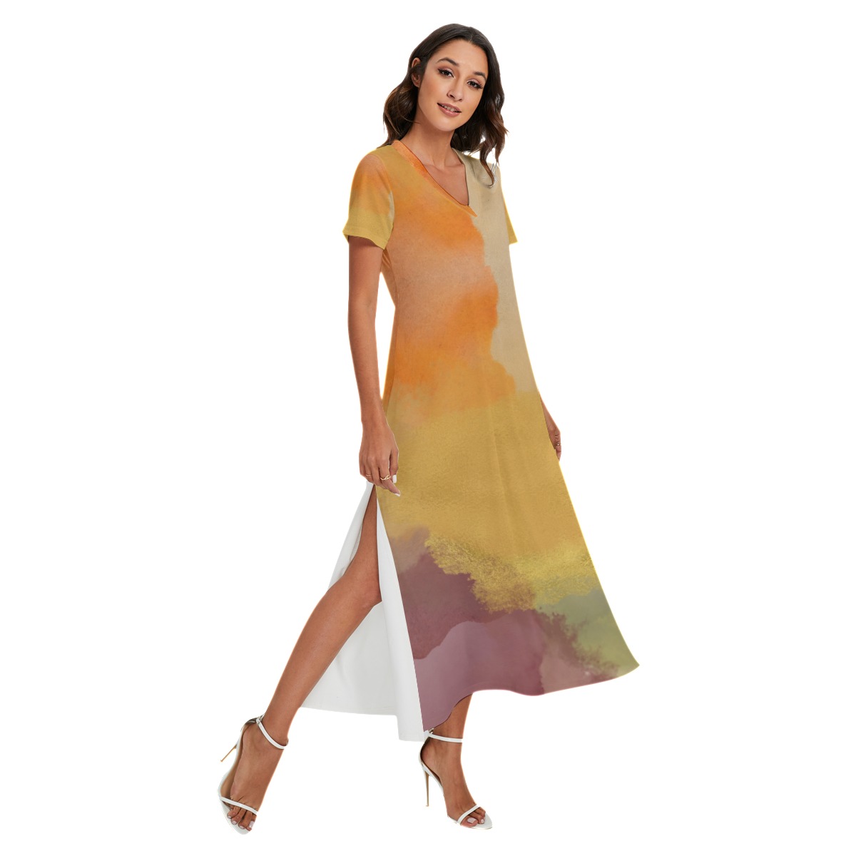 All-Over Print Women's V-neck Dress With Short Sleeve - Image 2