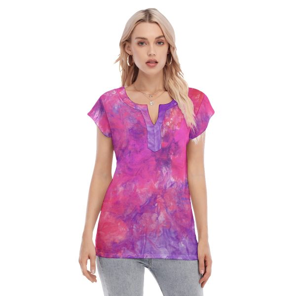 All-Over Print Women's Collarless Deep V-neck Short Sleeves Blouse
