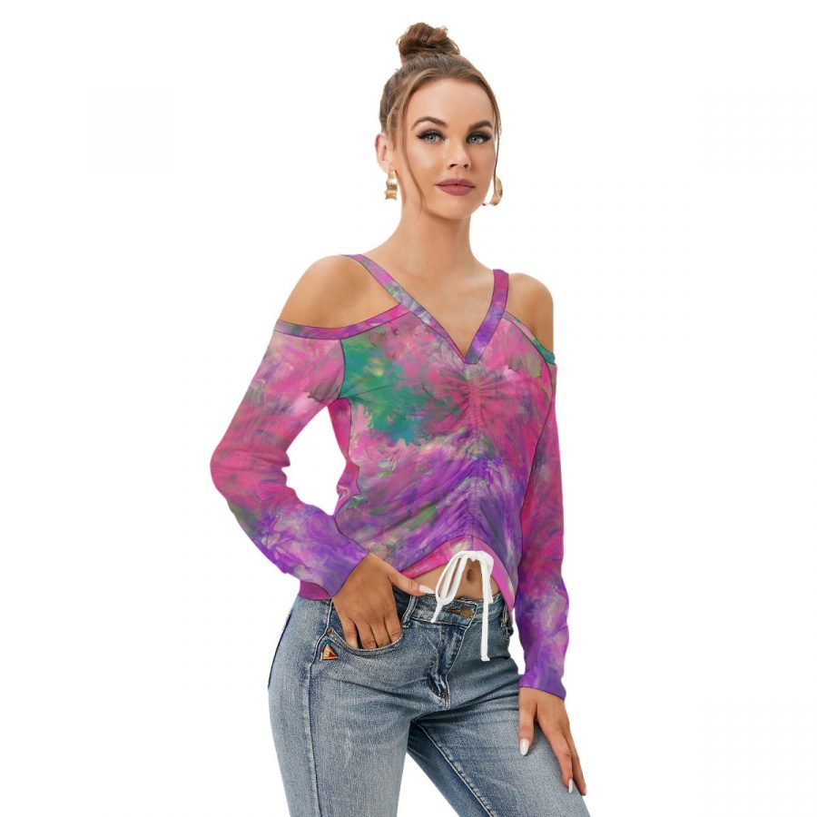 All-Over Print Women’s V-neck Cold Shoulder Blouse With Long Sleeve - Image 2