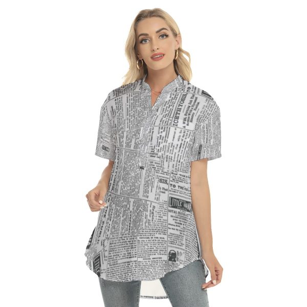All-over Print Women's Stand-up Collar Shirt With Open Button