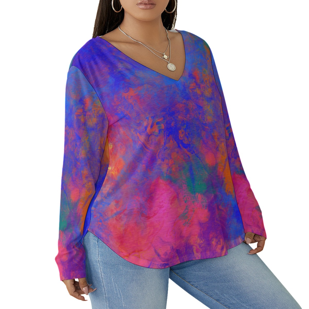 All-Over Print Women's V-neck T-shirt With Curved Hem(Plus Size) - Image 3