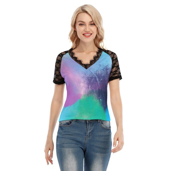 All-Over Print Women's V-neck T-shirt With Lace