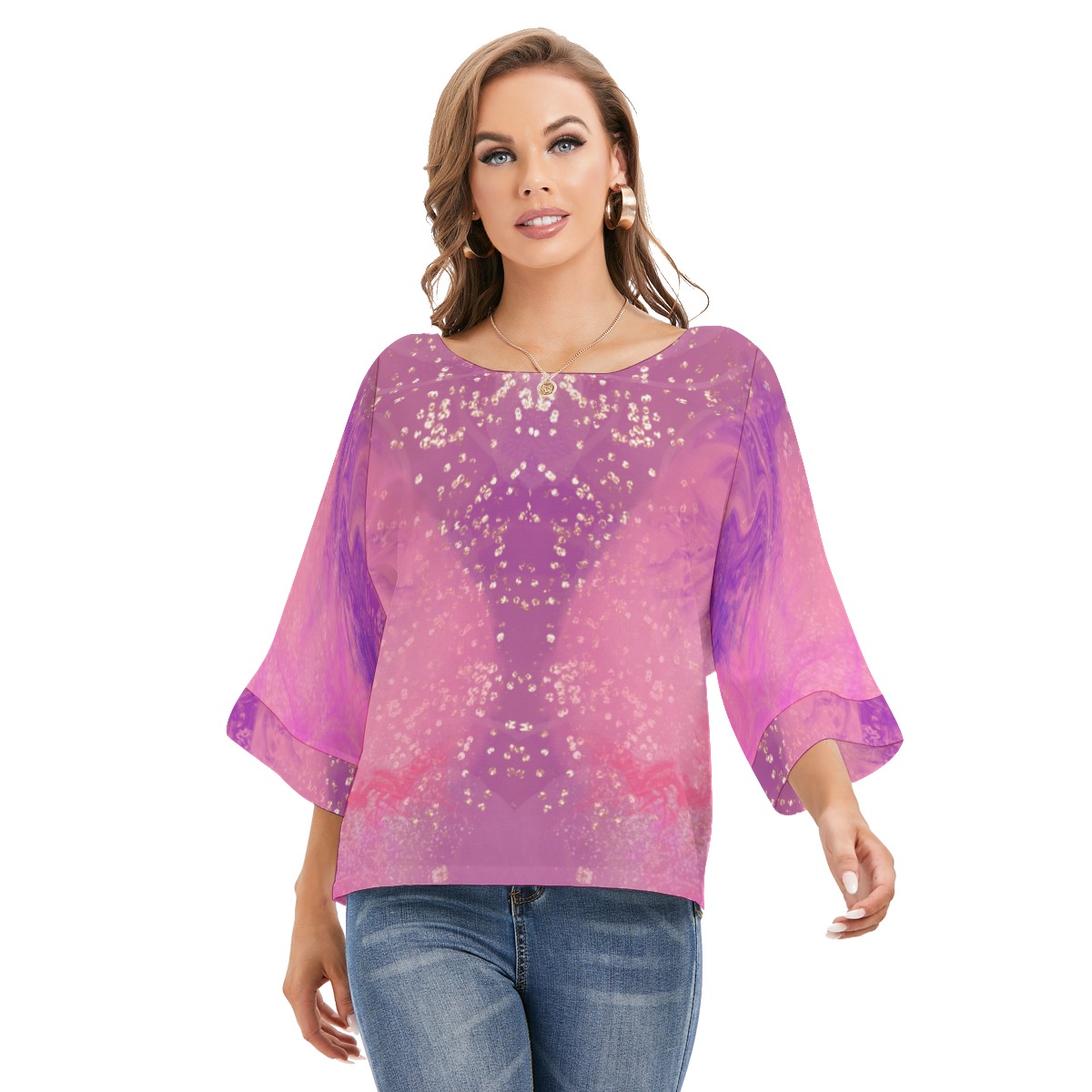 All-Over Print Women's Blouse With Turn-over sleeves