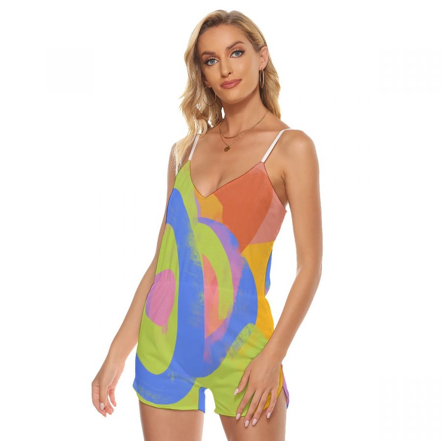 All-Over Print Women's V-neck Cami Romper - Image 2