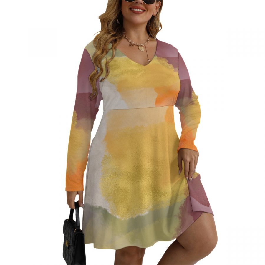 All-Over Print Women's V-neck Long Sleeve Dress(Plus Size)