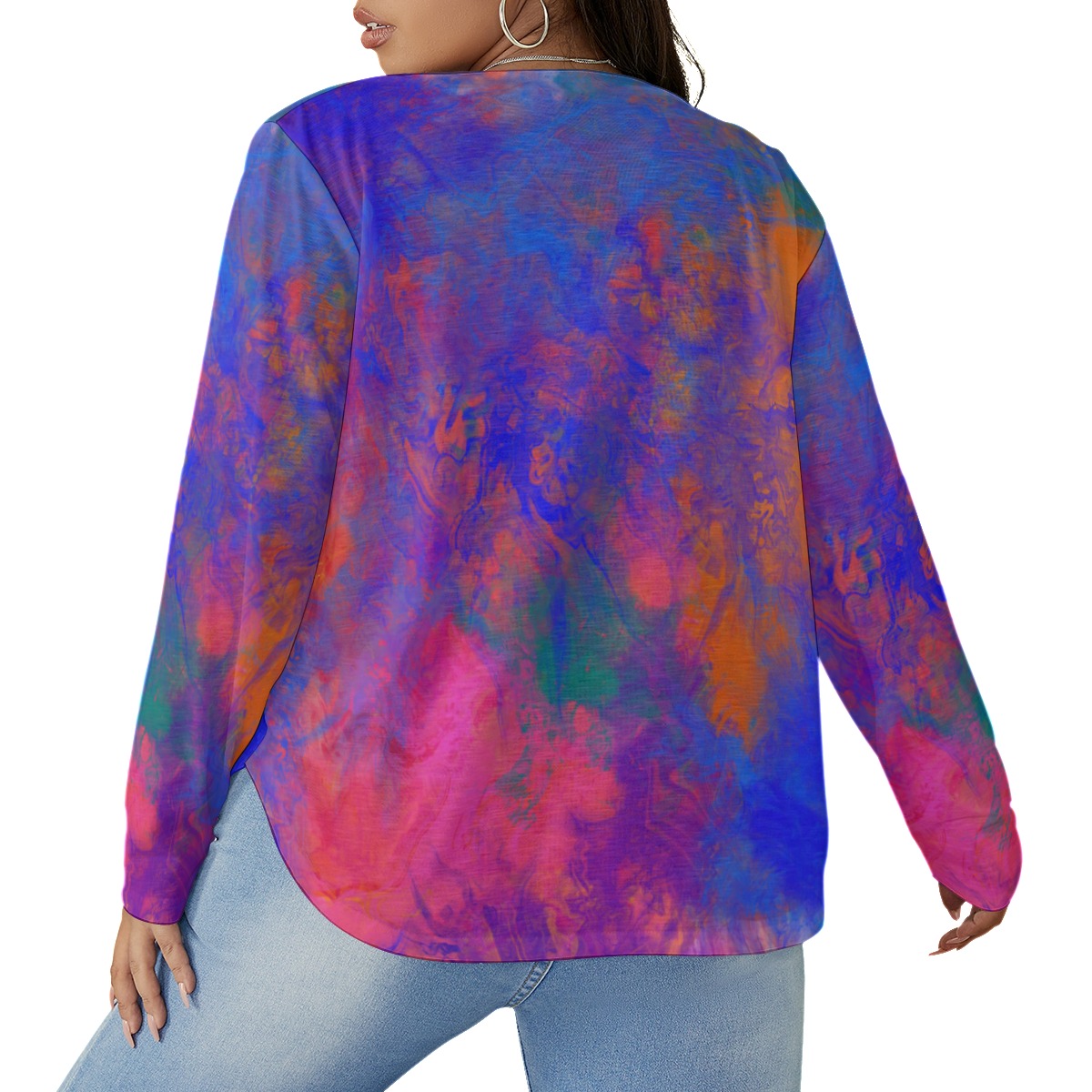 All-Over Print Women's V-neck T-shirt With Curved Hem(Plus Size) - Image 4