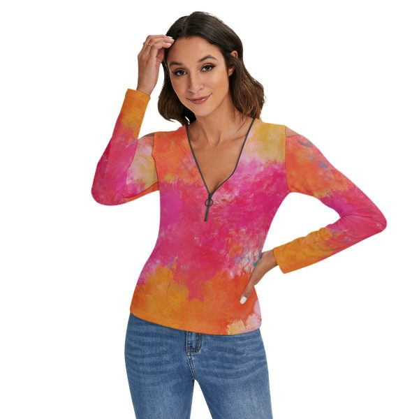 All-Over Print Women's Cold Shoulder Half Zip V-Neck Blouse