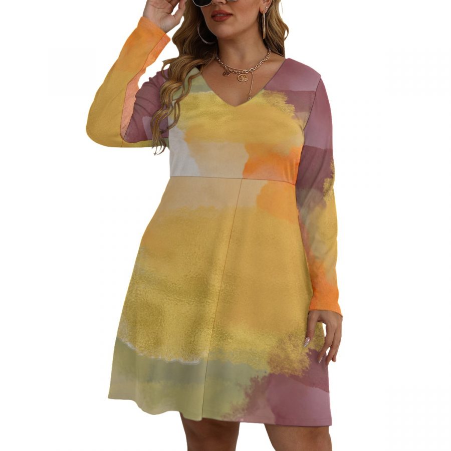 All-Over Print Women's V-neck Long Sleeve Dress(Plus Size) - Image 2