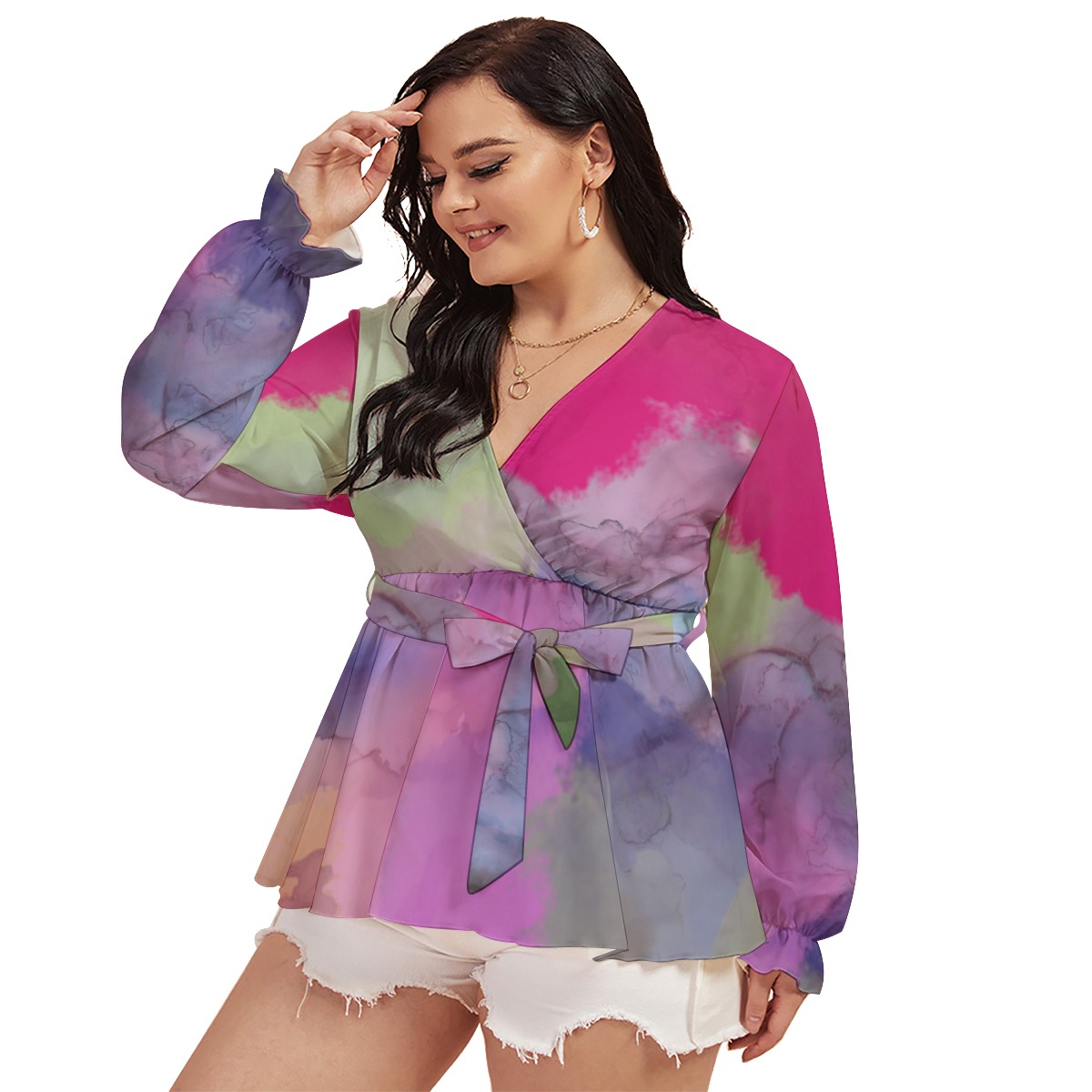 All-Over Print Women's V-neck T-shirt With Waistband (Plus Size) - Image 3