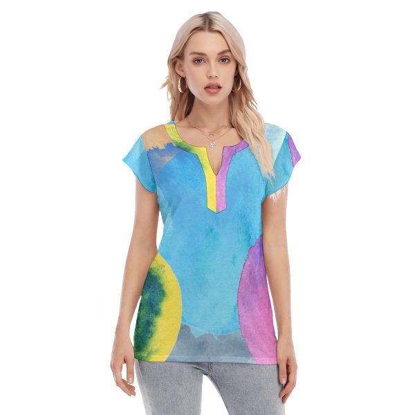 All-Over Print Women's Collarless Deep V-neck Short Sleeves Blouse