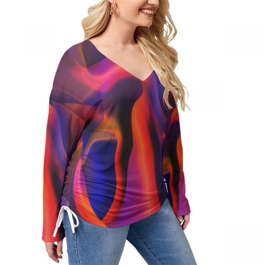 All-Over Print Women’s V-neck T-shirt With Side Drawstring(Plus Size) - Image 2