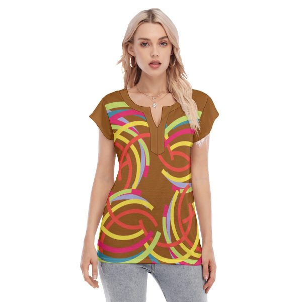 All-Over Print Women's Collarless Deep V-neck Short Sleeves Blouse