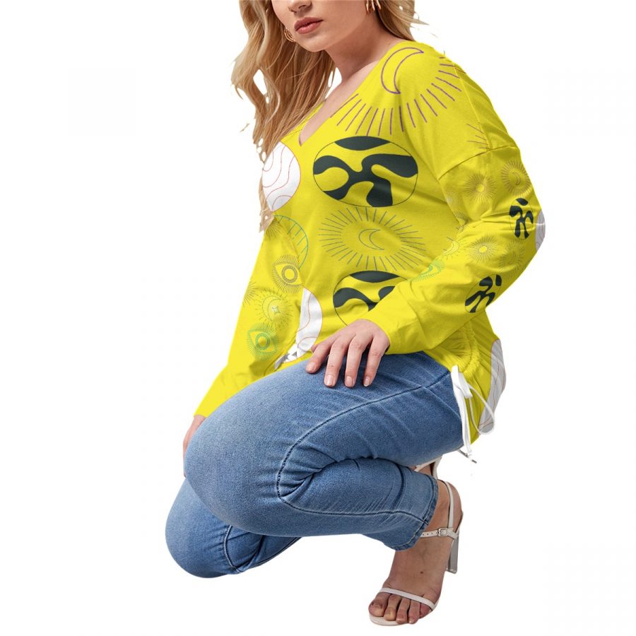 All-Over Print Women’s V-neck T-shirt With Side Drawstring(Plus Size) - Image 3
