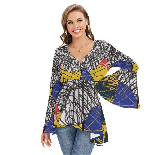 All-Over Print Women's V-neck Blouse With Flared Sleeves
