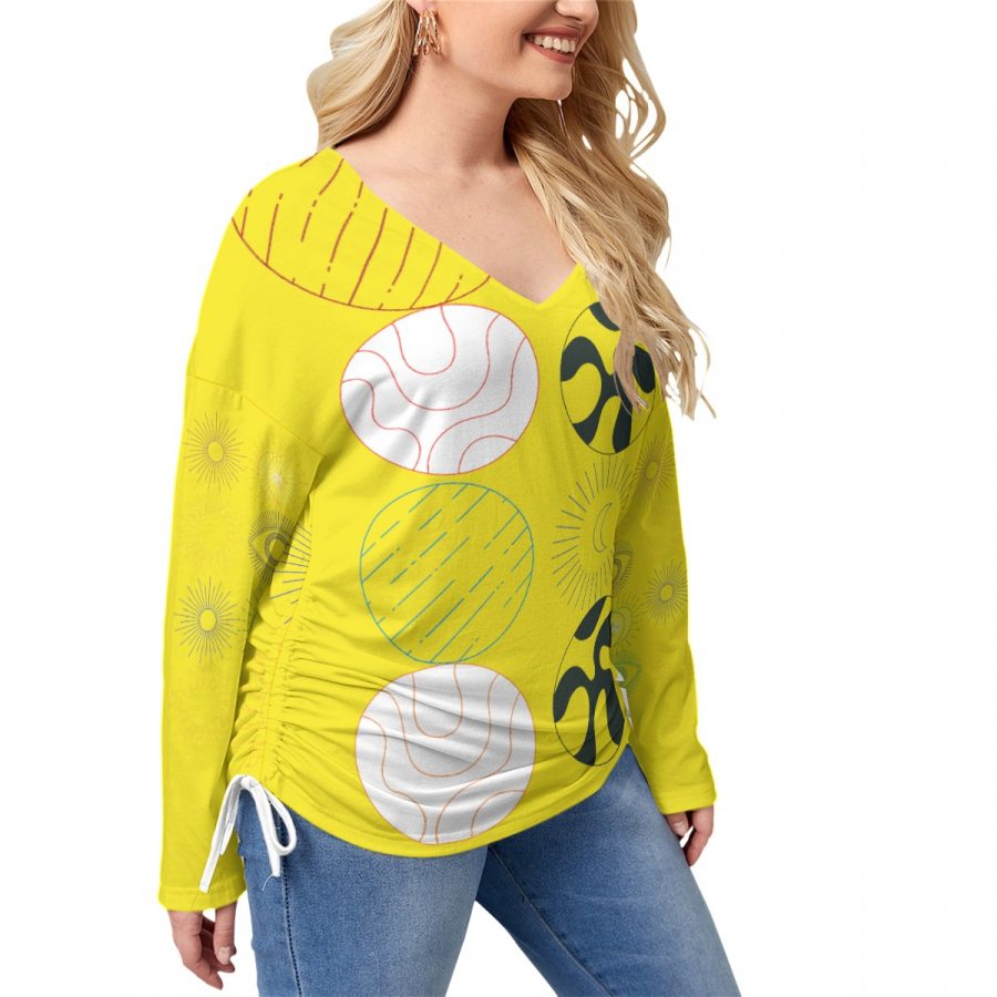 All-Over Print Women’s V-neck T-shirt With Side Drawstring(Plus Size) - Image 2