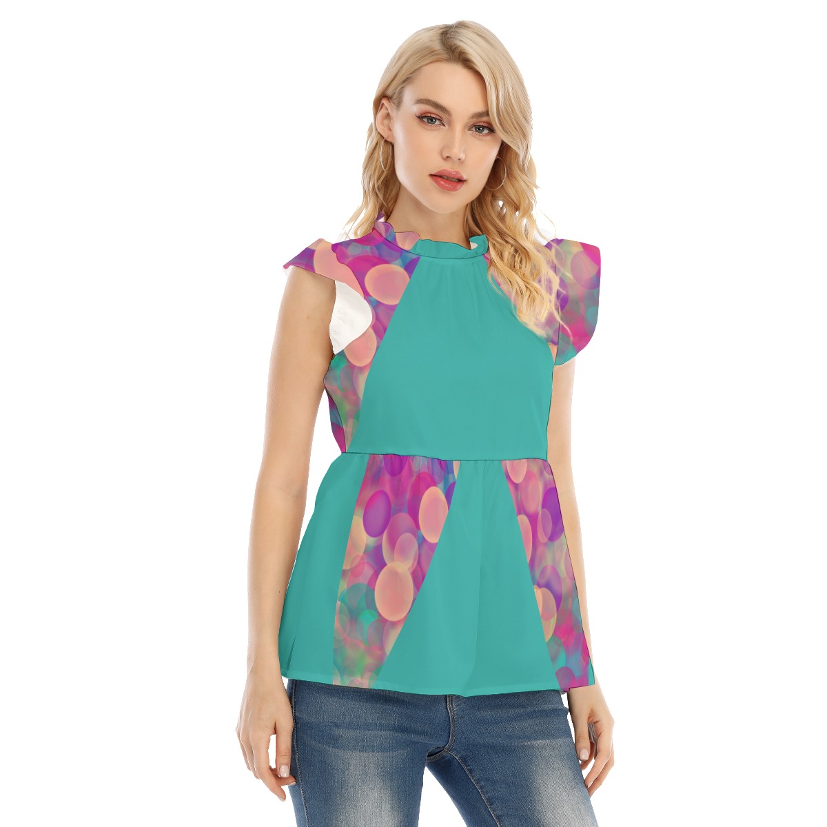 All-Over Print Women's Blouse With Lotus Leaf Lace