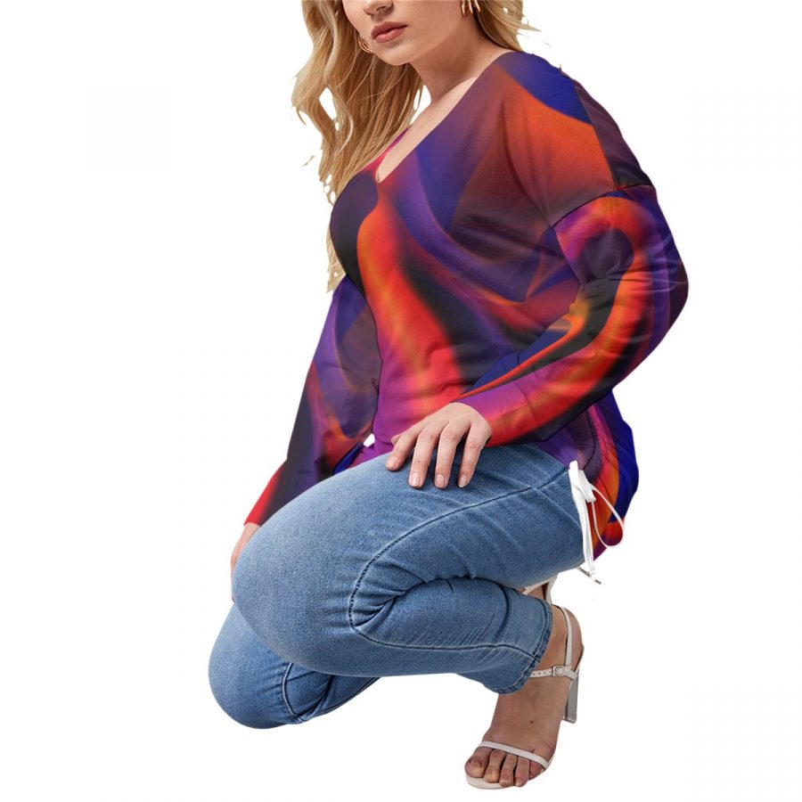 All-Over Print Women’s V-neck T-shirt With Side Drawstring(Plus Size) - Image 3