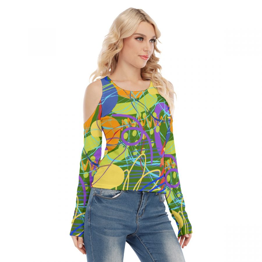 All-Over Print Women's Cold Shoulder Round Neck Long Sleeves Blouse - Image 2