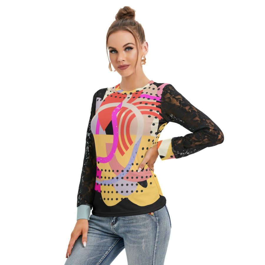 All-Over Print Women's T-shirt And Sleeve With Black Lace - Image 2
