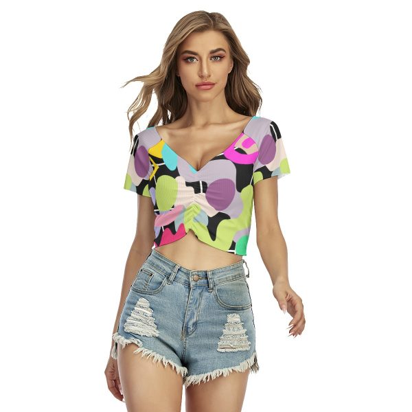 All-Over Print Women's Raglan Drawstring Front Crop Tee