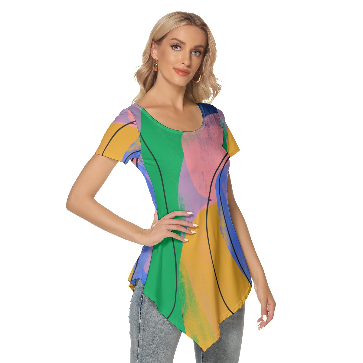 All-Over Print Women's Irregular Hem Short Sleeve T-shirt - Image 3