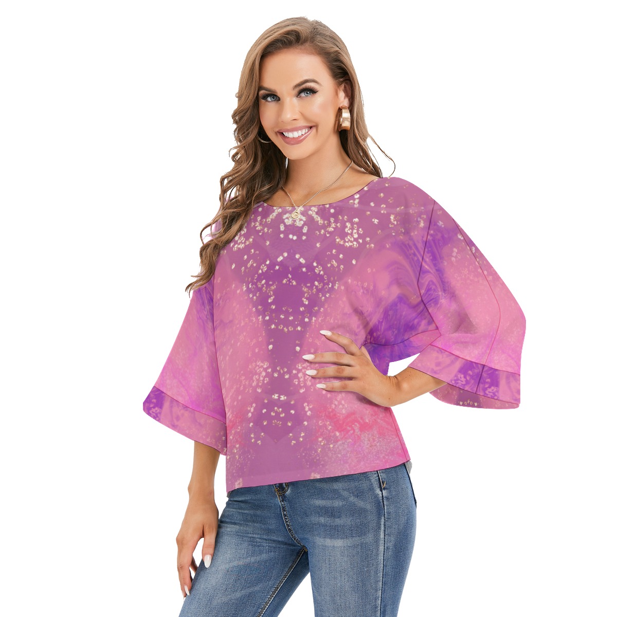 All-Over Print Women's Blouse With Turn-over sleeves - Image 3