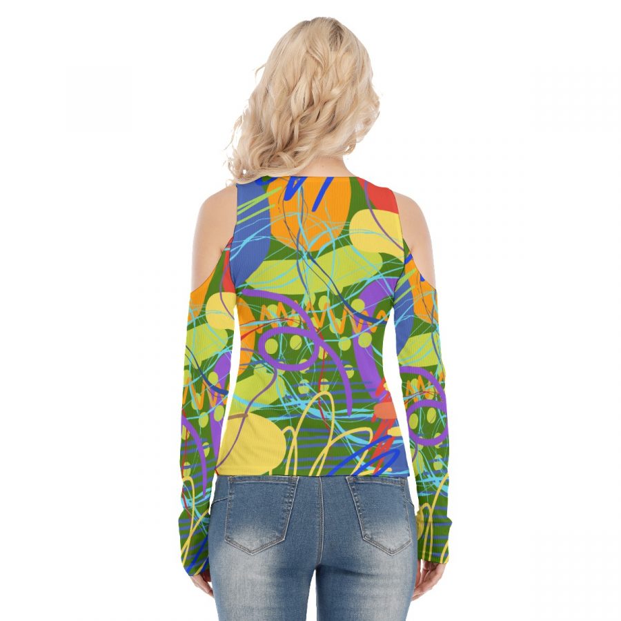 All-Over Print Women's Cold Shoulder Round Neck Long Sleeves Blouse - Image 4
