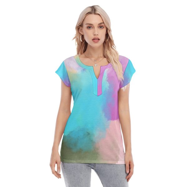 All-Over Print Women's Collarless Deep V-neck Short Sleeves Blouse