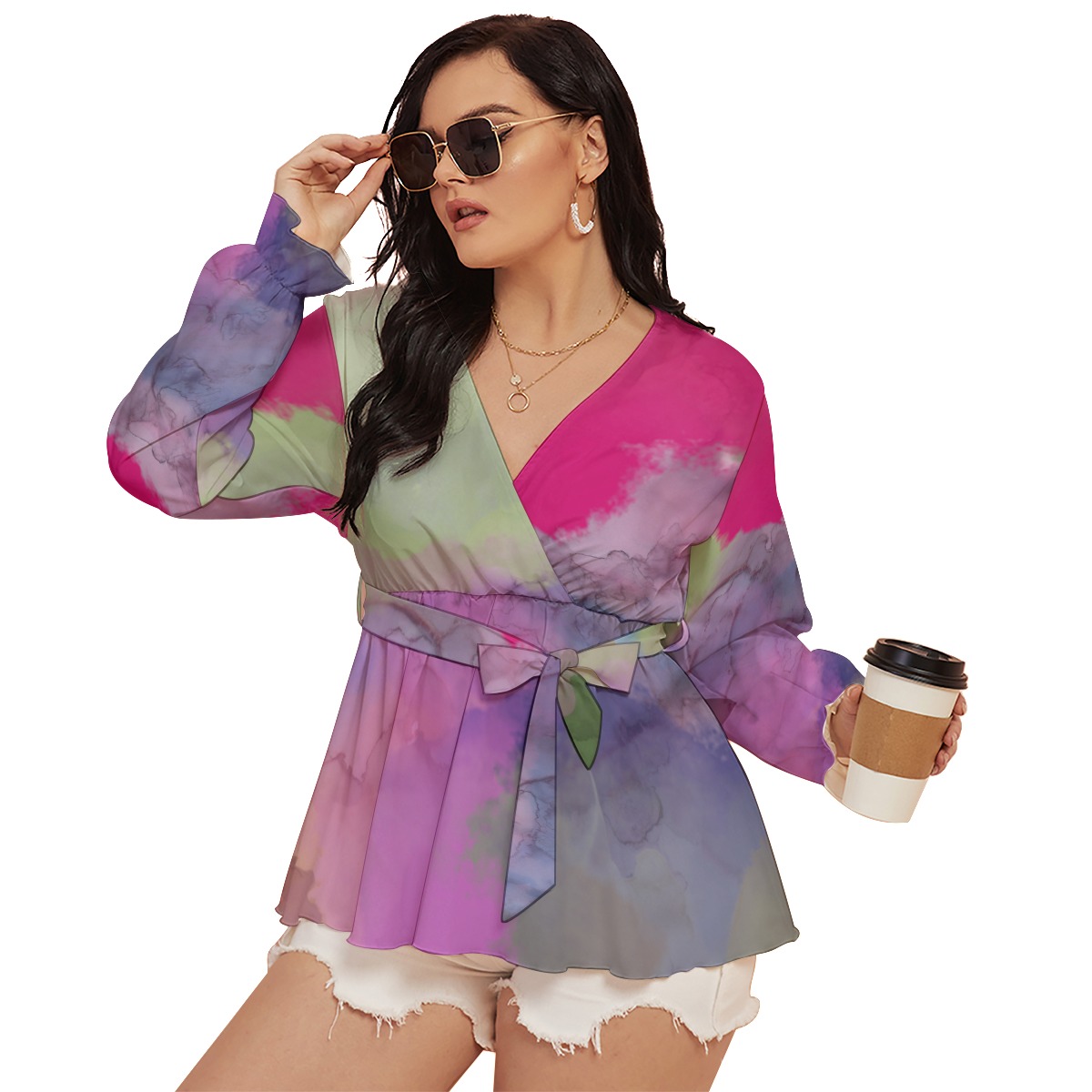 All-Over Print Women's V-neck T-shirt With Waistband (Plus Size) - Image 2