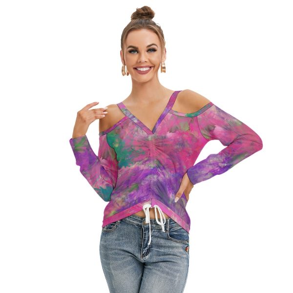 All-Over Print Women’s V-neck Cold Shoulder Blouse With Long Sleeve