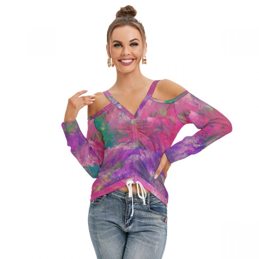 All-Over Print Women’s V-neck Cold Shoulder Blouse With Long Sleeve