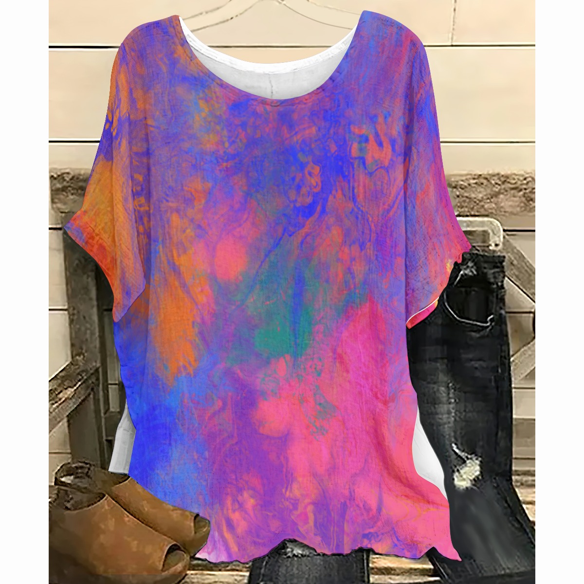 All-Over Print Women's T-shirt with Bat Sleeve